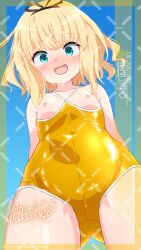 Rule 34 | 1girl, adversarial noise, alternate costume, backwards one-piece swimsuit, black ribbon, blonde hair, blue eyes, commentary request, cowboy shot, flat chest, gochuumon wa usagi desu ka?, hair ribbon, highres, inaba shiki, kirima syaro, looking at viewer, nipples, one-piece swimsuit, open mouth, paid reward available, ribbon, short hair, solo, swimsuit, yellow one-piece swimsuit