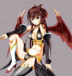 1girl bare_shoulders black_gloves black_thighhighs breasts brown_hair demon_girl demon_horns demon_wings detached_sleeves earrings elbow_gloves female_focus gloves horns jewelry lirshana long_hair looking_at_viewer maou_no_hajimekata moonsorrow simple_background single_thighhigh solo thighhighs wings yellow_eyes