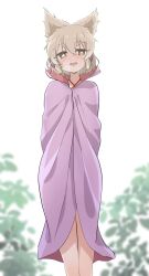 1girl blush brown_eyes cape cape_tug cold earmuffs heart heart-shaped_eyes highres light_brown_hair looking_at_viewer momitoekk naked_cape open_mouth plant pointy_hair purple_cape short_hair smile solo standing touhou toyosatomimi_no_miko white_background