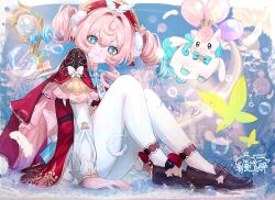 1girl absurdres aqua_bow aqua_bowtie aqua_eyes aqua_hair black_shoes bow bowtie capelet closed_mouth dress drill_hair full_body gmpoo93 hat highres honkai:_star_rail honkai_(series) hyacine_(honkai:_star_rail) little_ica_(honkai:_star_rail) loafers long_sleeves looking_at_viewer medium_hair pantyhose pink_hair red_capelet red_dress red_hat shoes sitting smile solo twin_drills twintails white_pantyhose