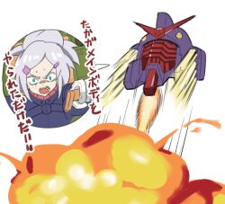 1girl battle_damage blue_eyes bomb cockpit colored_eyelashes commentary_request damaged deux_murasame explosive freckles grey_hair gundam gundam_gquuuuuux hair_bun long_hair looking_at_viewer mecha mecha_pilot_suit mobile_suit normal_suit_(gundam) psyco_gundam_(gquuuuuux) robot science_fiction shimouki_izui simple_background thrusters translation_request v-fin