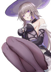 1girl breasts brown_hair commentary_request detached_sleeves feet_out_of_frame grey_skirt hair_ribbon hat herta_(honkai:_star_rail) highres honkai:_star_rail honkai_(series) kakabos long_hair looking_at_viewer medium_breasts open_mouth pantyhose purple_eyes purple_hat purple_pantyhose purple_ribbon ribbon simple_background skirt solo squatting the_herta_(honkai:_star_rail) white_background witch_hat