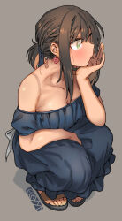 Rule 34 | 1girl, artist logo, artist name, black hair, blue dress, blush, breasts, cleavage, closed mouth, collarbone, dress, earrings, ergot, fingernails, fubuki (kancolle), green eyes, green nails, grey background, heart lock (kantai collection), highres, jewelry, kantai collection, logo, medium breasts, nail polish, off-shoulder dress, off shoulder, ponytail, ring, sandals, short hair, short ponytail, short sleeves, simple background, solo, squatting, toenail polish, toenails, toes, wedding ring