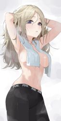 1girl absurdres armpits arms_up black_leggings blonde_hair breasts covered_erect_nipples gakuen_idolmaster hands_in_pockets highres idolmaster juo_sena large_breasts leggings long_hair looking_at_viewer multicolored_hair navel pink_hair solo stomach straight_hair streaked_hair sweat tami2004 topless_female towel towel_around_neck two-tone_hair