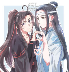 2boys ahoge arm_around_waist black_hair black_hanfu blue_background border chinese_clothes closed_mouth dated hair_ribbon hand_on_another&#039;s_hip hanfu headband heart heart_hands heart_hands_duo high_ponytail kimako_(kimako_8) lan_wangji long_hair long_sleeves looking_at_another looking_at_viewer male_focus modao_zushi multiple_boys ponytail purple_eyes red_ribbon ribbon robe sash sidelocks simple_background sleeves_past_wrists smile topknot twitter_username upper_body very_long_hair watermark wei_wuxian white_hanfu white_headband wide_sleeves xiao_guan_(headdress) yaoi yellow_eyes