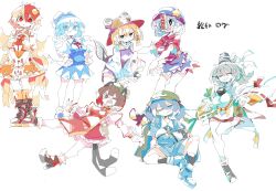 Rule 34 | 6+girls, animal, animal ear piercing, animal ears, animal on head, baby animal, backpack, bag, bird, bird on head, black eyes, black headwear, black socks, blonde hair, blue bow, blue dress, blue eyes, blue footwear, blue hair, boots, bow, breasts, brown eyes, brown footwear, brown headwear, cat ears, cat girl, cat tail, chen, chick, cirno, dress, full body, green headwear, grey eyes, grey hair, hair bobbles, hair bow, hair ornament, hat, hat ornament, high heels, highres, japanese clothes, kariginu, kawashiro nitori, long sleeves, looking at viewer, massakasama, miniskirt, miyako yoshika, mononobe no futo, moriya suwako, multicolored hair, multiple girls, multiple tails, navel, newsboy cap, niwatari kutaka, on head, one eye closed, pom pom (clothes), red dress, red eyes, red hair, red shirt, ribbon-trimmed sleeves, ribbon trim, shirt, sidelocks, simple background, sitting, skirt, socks, squatting, standing, star (symbol), star hat ornament, tail, thighhighs, touhou, translation request, two-tone hair, two side up, two tails, white background, white thighhighs, wide sleeves