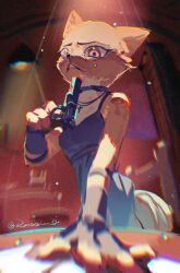 1girl :&lt; animal_ears animal_nose artist_name black_choker black_dress black_gloves blurry body_fur breasts brown_eyes brown_fur choker chromatic_aberration clenched_teeth cross cross_necklace depth_of_field dress female_focus finger_on_trigger fingerless_gloves foreshortening fox_ears fox_girl fox_tail foxy_(liar&#039;s_bar) furry furry_female gloves gun hand_on_table hand_up handgun highres holding holding_gun holding_weapon imminent_suicide indoors jewelry latin_cross liar&#039;s_bar light_rays looking_at_viewer multicolored_fur necklace nervous orange_fur raised_eyebrows ranersha1 red_background revolver scared signature sleeveless sleeveless_dress small_breasts solo spaghetti_strap sweat table tail teeth twitter_username weapon white_fur wide-eyed