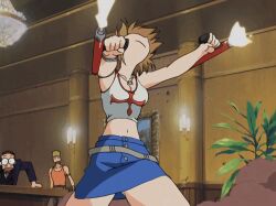 00s 1girl animated animated_gif belt bracelet breasts brown_hair crotch dual_wielding elie fighting_stance firing gluteal_fold gun holding holding_weapon indoors jewelry medium_breasts miniskirt navel necklace open_crotch pencil_skirt rave_(manga) screencap short_hair shouting side_slit skirt smoke tank_top thighs third-party_edit tonfa weapon
