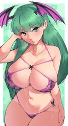 1girl absurdres bikini blush breasts closed_mouth darkstalkers dracksart green_eyes green_hair head_wings highres large_breasts long_hair morrigan_aensland navel shiny_skin solo swimsuit wings