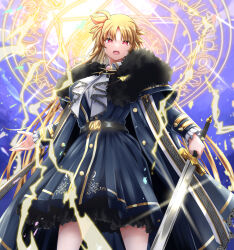 1girl belt blonde_hair breasts commentary_request dress fate_testarossa highres holding holding_sword holding_weapon large_breasts long_hair looking_at_viewer lyrical_nanoha magic magic_circle mahou_shoujo_lyrical_nanoha_strikers open_mouth red_eyes solo sougetsu_izuki sword teeth upper_teeth_only very_long_hair weapon