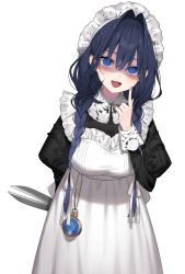 Rule 34 | 1girl, absurdres, aotake iro, apron, black dress, black hair, blue eyes, braid, commentary, dress, hair intakes, hair ribbon, hat, highres, holding, holding scissors, hololive, hololive english, index finger raised, long hair, looking at viewer, low twin braids, maid apron, mob cap, official alternate costume, official alternate hairstyle, open mouth, ouro kronii, ouro kronii (maid), pocket watch, ribbon, ringed eyes, scissors, simple background, solo, transparent background, twin braids, virtual youtuber, watch, white apron, white ribbon, yandere