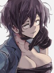 1girl black_gloves black_hair bra breasts cleavage gloves highres indie_virtual_youtuber jumpsuit kataochi_chuuko large_breasts looking_at_viewer maikeru_(dk_maikel) smile underwear upper_body virtual_youtuber