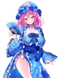 1girl blue_bow blue_hat blue_kimono blue_sash blush bow breasts chest_bow collarbone commentary_request floral_print floral_print_kimono floral_print_paper_fan folding_fan frilled_kimono frills hair_between_eyes hand_fan hat highres holding holding_fan huge_breasts japanese_clothes kimono long_sleeves looking_at_viewer medium_hair mob_cap nenobi_(nenorium) open_mouth paper_fan pink_eyes pink_hair print_kimono saigyouji_yuyuko sash side_slit simple_background smile solo thighs touhou triangular_headpiece white_background wide_sleeves