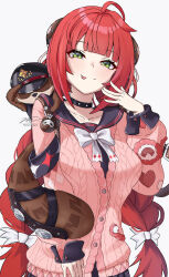 1girl :p black_choker black_hat black_sailor_collar bow braid breasts cardigan chest_bow choker commentary green_eyes hand_up hat highres kama_(zenless_zone_zero) long_hair long_sleeves looking_at_viewer mixed-language_commentary nyyve peaked_cap pink_cardigan raccoon red_hair sailor_collar simple_background smile solo sphere_hair_ornament tongue tongue_out twin_braids twintails ukinami_yuzuha white_background white_bow zenless_zone_zero