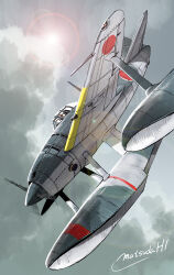 aircraft airplane cloud commentary fighter_jet floatplane flying highres imperial_japanese_navy lens_flare matsuda_juukou military military_vehicle n1k no_humans original pontoon propeller_fighter seaplane signature vehicle_focus