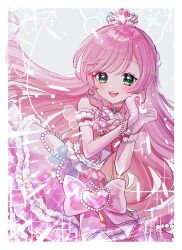 Rule 34 | 1girl, four-finger heart hands, alternate costume, border, bow, braid, brooch, cure prism, dress, earrings, elbow gloves, floating hair, front braid, gloves, green eyes, grey background, halter dress, halterneck, hands up, heart, heart brooch, heart earrings, heart hands, highres, hirogaru sky! precure, jewelry, long hair, looking at viewer, machiko (milk maciko), mini tiara, nijigaoka mashiro, open mouth, pink bow, pink dress, pink gloves, pink hair, precure, short braid, side braids, simple background, sleeveless, sleeveless dress, smile, solo, teeth, tiara, upper body, upper teeth only, white border