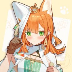 Rule 34 | 1girl, ahoge, animal ears, arknights, brown gloves, closed mouth, commentary request, earrings, embarrassed, gloves, green eyes, hand up, jewelry, looking at viewer, medium hair, orange hair, papyrus (arknights), partial commentary, paw pose, shadow, signature, single glove, solo, tokifuji kougetsu, upper body, watermark, yellow background
