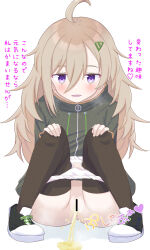 1girl ahoge anus aoe_mag bar_censor black_shoes black_thighhighs blush breath brown_hair censored flat_chest green_jacket hair_ornament hairclip hands_on_own_knees heart hibi_wa_sugiredo_meshi_umashi higa_tsutsuji jacket loli long_hair long_sleeves looking_at_viewer open_mouth panties panty_pull pee_stain peeing puddle purple_eyes pussy shoes smile sneakers spoken_heart stained_panties steam sweat thighhighs underwear white_background white_panties