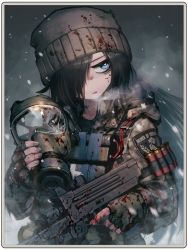 1girl ammunition beanie black_hair blood blood_on_clothes bloody_weapon blue_eyes brown_hat brown_jacket camouflage camouflage_jacket crack cracked_glass dairoku_ryouhei dated_commentary dynamite eight_wimp english_text explosive fingerless_gloves gas_mask gloves green_gloves gun hat hetza_(hellshock) holding holding_weapon jacket long_hair mask mole mole_under_eye one_eye_covered shotgun_shell snow solo submachine_gun upper_body weapon