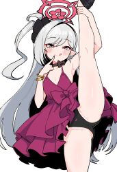1girl :q absurdres black_bow black_panties blue_archive blush bow cameltoe closed_mouth dress finger_to_mouth grey_hair halo highres long_hair looking_at_viewer mago_cats mutsuki_(blue_archive) mutsuki_(dress)_(blue_archive) panties pointy_ears purple_eyes red_dress red_halo simple_background sleeveless sleeveless_dress smile solo split standing standing_on_one_leg standing_split tongue tongue_out underwear very_long_hair white_background