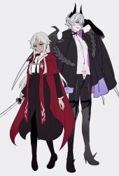 1boy 1girl amakusa_shirou_(fate) boots cape choker collared_jacket criss-cross_straps cross cross_necklace curtained_hair demon_horns demon_wings fate/grand_order fate_(series) full_body genderswap genderswap_(ftm) genderswap_(mtf) green_eyes grey_shoes high_collar high_heel_boots high_heels highres horns jacket jewelry katana latin_cross lilith_(fate) long_hair looking_at_viewer miike_tenta_mitsuyo_(fate) necklace open_clothes open_jacket parted_lips red_cape shoes sidelocks simple_background snake spiked_shoes spikes stomach_tattoo sumi_(gfgf_045) sword tassel tattoo thigh_boots weapon white_background white_hair wings yellow_eyes