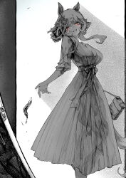 1girl absurdres alternate_costume animal_ears bag blush braid crushed door dress feet_out_of_frame gentildonna_(umamusume) glowing glowing_eyes greyscale hasukurira head_tilt highres horse_ears horse_girl horse_tail long_hair looking_at_viewer monochrome open_door open_mouth red_eyes smile solo spot_color standing tail umamusume yandere