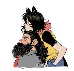 1boy 1girl bapogichi beard black_fur body_fur cat_girl chin_rest cropped_torso dungeon_meshi dwarf facial_hair from_side half-closed_eyes hand_in_pocket head_on_head head_rest highres izutsumi long_beard looking_at_another mismatched_animal_ear_colors mustache neck_warmer necktie official_alternate_costume profile senshi_(dungeon_meshi) thick_mustache unamused