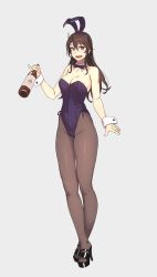 1girl alcohol alternate_costume animal_ears ashigara_(kancolle) ashigara_kai_ni_(kancolle) bare_shoulders blush bottle bow bowtie breasts brown_eyes brown_hair brown_pantyhose cleavage collarbone commentary_request covered_navel detached_collar fake_animal_ears fang female_focus full_body grey_background groin hair_between_eyes hairband high_heels highres holding holding_bottle kantai_collection large_breasts leotard long_hair looking_at_viewer open_mouth pantyhose playboy_bunny purple_leotard rabbit_ears simple_background smile solo standing strapless strapless_leotard wrist_cuffs yuuji_(and)