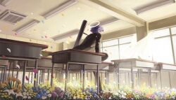 1boy black_jacket black_pants blue_flower blue_hair classroom desk falling_petals floating_hair flower halo highres indoors jacket kenmochi_touya kenmochi_touya_(1st_costume) leaf male_focus muntins nijisanji orange_flower pants petals plant purple_flower school_desk short_hair sitting solo virtual_youtuber white_flower window yakosei24 yellow_flower