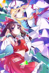 2girls absurdres between_fingers blonde_hair bow breasts brown_eyes brown_hair closed_mouth commentary detached_sleeves dress embellished_costume frilled_bow frilled_hair_tubes frills hair_bow hair_tubes hakurei_reimu hat hat_ribbon highres holding large_breasts long_hair long_sleeves looking_at_viewer midriff_peek mob_cap multiple_girls ofuda ofuda_between_fingers ofuda_on_clothes open_mouth purple_tabard red_bow red_skirt ribbon sia_6767 skirt skirt_set sleeve_bow smile tabard touhou white_dress white_hat wide_sleeves yakumo_yukari yellow_eyes