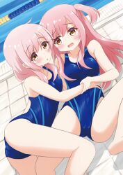 Rule 34 | 2girls, barefoot, blue one-piece swimsuit, brown eyes, commentary request, competition swimsuit, dutch angle, feet out of frame, highres, lane line, long hair, multiple girls, one-piece swimsuit, open mouth, original, pink hair, pool, poolside, purapechinu, siblings, sisters, swimsuit, translation request, two side up
