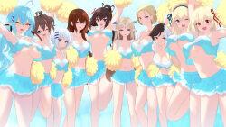 6+girls ahoge aqua_eyes arm_up armpits arms_up bare_arms bare_legs bare_shoulders black_hair black_ribbon blonde_hair blue_background blue_eyes blue_hair blue_ribbon blue_skirt blue_tank_top breasts brown_hair cait_aron cammy_white cartethyia_(wuthering_waves) cat_hair_ornament character_request cheerleader cleavage closed_mouth collarbone commentary commentary_request copyright_request crop_top english_commentary facial_scar green_ribbon hair_between_eyes hair_ornament hair_ribbon heart heart_ahoge heterochromia high_ponytail highres holding holding_pom_poms hololive infinite_stratos jumping katsuragi_(senran_kagura) large_breasts leg_up lineup long_hair looking_at_viewer low_ponytail luna_snow lycoris_recoil makise_kurisu marvel marvel_future_fight medium_breasts miniskirt mixed-language_commentary multicolored_hair multiple_girls natsuiro_matsuri navel nishikigi_chisato no_bra open_mouth orange_eyes parted_lips pleated_skirt pointy_ears pom_pom_(cheerleading) pom_poms ponytail purple_eyes red_eyes red_ribbon ribbon scar scar_on_cheek scar_on_face senran_kagura shinonono_houki short_hair side_ponytail sidelocks skirt small_breasts smile split-color_hair split_ponytail standing steins;gate stomach street_fighter street_fighter_ii_(series) tacet_mark_(wuthering_waves) tank_top thighs two-tone_hair two-tone_ribbon two-tone_tank_top underboob very_long_hair virtual_youtuber white_hair white_tank_top white_trim wuthering_waves yellow_eyes yukihana_lamy