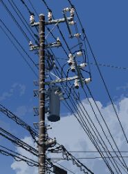 blue_sky cloud cloudy_sky day from_below hisachan55cute no_humans original outdoors pixel_art power_lines scenery sky sky_focus utility_pole