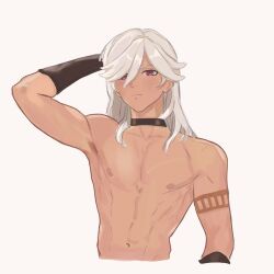 1boy androgynous arupi_art bare_shoulders black_choker choker closed_mouth commentary cyno_(genshin_impact) dark-skinned_male dark_skin english_commentary frown genshin_impact gloves hand_on_own_head highres long_hair looking_at_viewer male_focus muscular muscular_male navel nipples pectorals red_eyes simple_background solo stomach upper_body white_hair