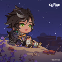 Rule 34 | 1boy, absurdres, black hair, black pants, boots, braid, capri pants, chibi, commentary, copyright name, dark-skinned male, dark skin, dot nose, english commentary, genshin impact, hair ornament, high heel boots, high heels, highres, knee up, long hair, looking ahead, male focus, multicolored hair, night, night sky, official art, open mouth, outdoors, pants, sethos (genshin impact), single braid, sky, smile, solo, star (sky), starry sky, streaked hair, swept bangs, tassel, very long hair