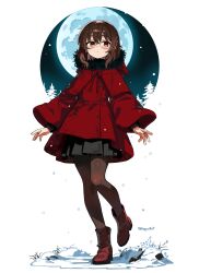 1girl :&lt; absurdres black_skirt blush boots brown_boots brown_eyes brown_hair brown_nails brown_pantyhose closed_mouth coat full_moon glasses hepari highres long_sleeves looking_at_viewer moon original pantyhose pleated_skirt red_coat short_hair skirt snow snowing solo twitter_username