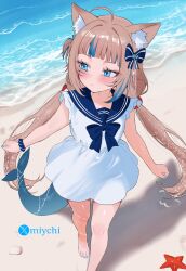 1girl absurdres ahoge animal_ear_fluff animal_ears barefoot beach blonde_hair blue_eyes blue_hair blue_nails blunt_bangs bow cat_ears commentary day dress english_commentary fins fish fish_girl fish_tail hair_bow highres indie_virtual_youtuber long_hair miychi multicolored_hair nail_polish outdoors sailor_dress sameko_saba sleeveless sleeveless_dress solo starfish streaked_hair tail toenail_polish toenails twintails two_side_up very_long_hair virtual_youtuber walking white_dress