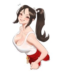 1girl absurdres bare_shoulders blush breasts brown_eyes brown_hair casual cleavage clenched_hand commentary dolphin_shorts english_commentary fatal_fury from_above grin high_ponytail highres large_breasts long_hair looking_at_viewer motoyui official_alternate_costume parted_bangs ponytail red_shorts shiranui_mai shirt_tucked_in short_shorts shorts sidelocks smile solo strap_gap street_fighter street_fighter_6 tank_top the_king_of_fighters white_background white_tank_top wonbin_lee