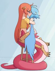 2girls ahoge animal_penis bird_legs black_tube_top blue_feathers blue_hair blue_wings blush breasts commentary digitigrade feathered_wings feathers futa_with_female futanari hair_ornament hairclip harpy highres kiss lamia large_breasts liveactors long_hair miia_(monster_musume) monster_girl monster_musume_no_iru_nichijou multiple_girls papi_(monster_musume) penis pointy_ears precum red_hair red_scales scales shirt short_hair snake_penis stool straddling strapless tail talons tube_top uncensored very_long_hair winged_arms wings yellow_eyes yellow_shirt