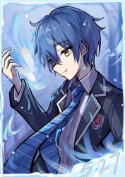 1boy blazer blue_hair blue_necktie brown_eyes collared_shirt date_a_live hair_between_eyes highres itsuka_shidou jacket lapels long_sleeves necktie nutsumi47 raizen_high_school_uniform school_uniform shirt short_hair smile solo white_shirt