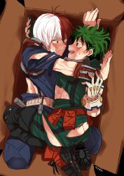 2boys abs ass awkward blush boku_no_hero_academia bones_(company) box burn_scar butt_crack curly_hair destroyed_clothing freckles gloves green_eyes green_hair highres legs messy_hair midoriya_izuku multicolored_hair multiple_boys red_hair scar shounen_jump superhero_costume sweatdrop tododeku todoroki_shouto torn_clothes trapped two-tone_hair white_hair yaoi