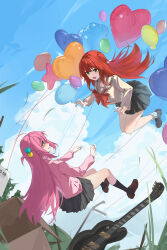 2girls :d absurdres balloon black_skirt black_socks blue_eyes blue_sky bocchi_the_rock! bow box brown_footwear cardboard_box cloud commentary_request cube_hair_ornament full_body gotoh_hitori green_eyes grey_skirt guitar hair_between_eyes hair_ornament hair_over_eyes heart_balloon highres instrument jacket kita_ikuyo loafers long_hair long_sleeves looking_at_another multiple_girls one_side_up open_mouth origami42169025 outdoors pink_hair pink_jacket pleated_skirt red_bow red_hair sailor_collar school_uniform shoes shuka_high_school_uniform skirt sky smile socks star_balloon track_jacket white_sailor_collar white_socks