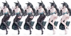 1girl animal_ear_fluff animal_ears aqua_jacket black_dress black_hair black_necktie black_pantyhose black_skirt blunt_bangs blush breasts butuo_(butuo13) chest_sarashi cum cum_in_pussy cum_on_body cum_on_hair cum_on_stomach dress finger_to_mouth fox_ears fox_girl gauntlets highres hoshimi_miyabi jacket large_breasts long_hair lying necktie nipples on_stomach open_clothes open_jacket pantyhose pussy red_eyes sarashi single_gauntlet skirt torn_clothes torn_pantyhose unworn_skirt zenless_zone_zero