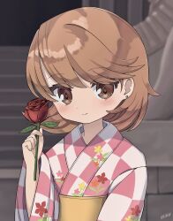 1girl absurdres blurry blurry_background blush brown_eyes brown_hair checkered_clothes checkered_kimono closed_mouth earrings flipped_hair floral_print floral_print_kimono flower highres holding holding_flower japanese_clothes jewelry kimono looking_at_viewer medium_hair mellowpeko official_alternate_costume persona persona_3 pink_kimono print_kimono red_flower red_rose rose sash signature smile solo stud_earrings takeba_yukari two-tone_kimono upper_body white_kimono wide_sleeves yellow_sash