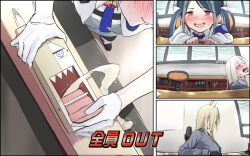 4girls averting_eyes black_gloves blonde_hair blue_archive blue_necktie blush bookshelf breasts chair comic commentary_request downtown_no_gaki_no_tsukai_ya_arahende!! fubuki_(blue_archive) gloves grey_hair grey_shirt hair_over_face halo head_back highres indoors jacket kanna_(blue_archive) kirino_(blue_archive) konoka_(blue_archive) large_breasts laughing long_hair mask mask_pull motion_blur motion_lines mouth_mask multicolored_hair multiple_girls necktie nose_blush office on_chair open_mouth parody pink_eyes plane_(tool) pun segmented_comic shirt shitsugaikotsu sitting smile stifled_laugh streaked_hair subtitled table tearing_up tongue tongue_out translation_request v-shaped_eyebrows wavy_mouth white_gloves white_hair white_jacket window wooden_beam