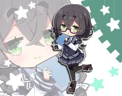 1girl :&lt; absurdres black-framed_eyewear black_jacket black_pantyhose black_skirt blazer boots bow braid brown_boots cevio chibi closed_mouth commentary_request glasses green_background green_eyes hair_between_eyes hair_bow hanakuma_chifuyu highres holding jacket lace-up_boots long_hair long_sleeves looking_at_viewer low_twintails milkpanda multiple_views pantyhose parted_lips pleated_skirt semi-rimless_eyewear short_eyebrows skirt sleeves_past_wrists smile standing standing_on_one_leg star_(symbol) thick_eyebrows triangle_mouth twin_braids twintails two-tone_background under-rim_eyewear white_background white_bow