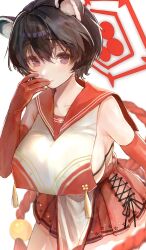 1girl absurdres animal_ears bare_shoulders black_eyes black_hair blue_archive breast_curtain breasts closed_mouth commentary_request elbow_gloves gloves guanylunba hair_between_eyes halo highres large_breasts looking_at_viewer pleated_skirt raccoon_ears raccoon_girl red_gloves red_halo red_sailor_collar red_skirt rope sailor_collar shimenawa short_hair sideboob skirt smile solo tsubaki_(blue_archive)