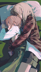 2girls absurdres black_shorts blush closed_eyes commentary cuddling earclip girls_band_cry grey_hair highres hug hug_from_behind iseri_nina kawaragi_momoka long_hair long_sleeves multiple_girls on_bed pillow plaid_clothes plaid_shirt red_hair red_shirt shirt shorts sleeping white_shirt ydpfa yuri