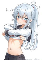 1girl alternate_hairstyle black_sailor_collar black_skirt blue_eyes commentary_request hibiki_(kancolle) kantai_collection long_hair navel neckerchief pleated_skirt ponytail ray.s red_neckerchief sailor_collar sailor_shirt shirt simple_background skirt solo undressing upper_body white_background white_hair white_shirt