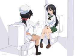 2girls bathroom black_hair black_sailor_collar boots dark-skinned_female dark_skin dodo_inu embarrassed girls_und_panzer green_skirt hat highres indoors isuzu_hana long_hair looking_at_another multiple_girls ogin_(girls_und_panzer) on_toilet ooarai_naval_school_uniform ooarai_school_uniform panties sailor_collar school_uniform shaded_face shirt shoes sitting skirt smile toilet toilet_paper toilet_use underwear white_panties white_shirt white_skirt